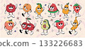 Cartoon groovy hippie fruit characters with expressive faces in retro style 133226683