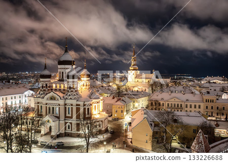 Aerial night View of Tallinn in winter with Alexander Nevsky Cathedral, roofs with snow, Christmas mood 133226688
