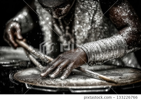 African American drummer performing with vibrant energy and dynamic rhythm African American drummer performing with vibrant energy and dynamic rhythm 133226766