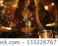 Female drummer performing energetically in a vibrant music venue atmosphere 133226767