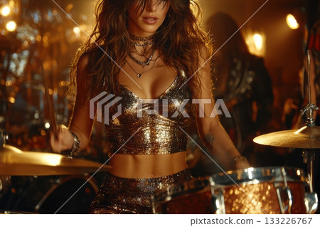 Female drummer performing energetically in a vibrant music venue atmosphere Female drummer performing energetically in a vibrant music venue atmosphere 133226767