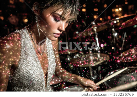Female drummer performing on stage with sparkling lights and vibrant atmosphere Female drummer performing on stage with sparkling lights and vibrant atmosphere 133226769