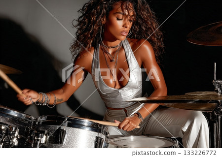 Female drummer performing passionately on stage with vibrant energy 133226772