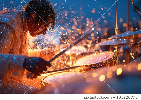 Drummer performing energetically with splashes of water and vibrant lights Drummer performing energetically with splashes of water and vibrant lights 133226773
