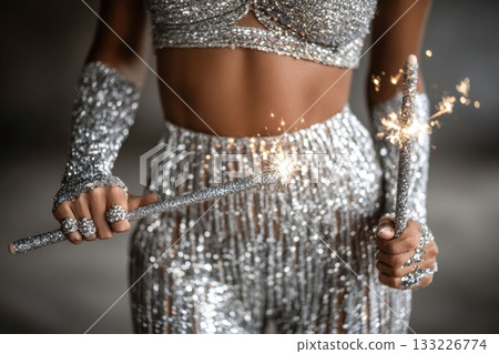 Sparkling performer holding sparklers in dazzling silver outfit with flair 133226774