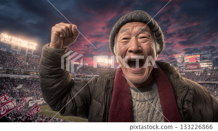 看台上一名男子為年長的球迷歡呼 看台上一名男子為年長的球迷歡呼 133226866