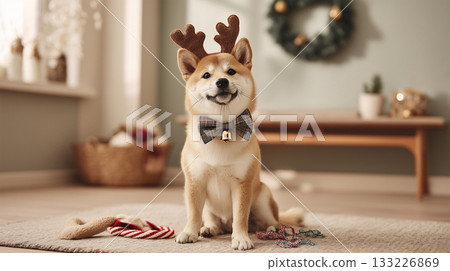 Shiba Inu wearing a reindeer-style headband Shiba Inu wearing a reindeer-style headband 133226869