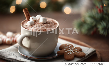 Cocoa and cookies on a wooden table 133226890