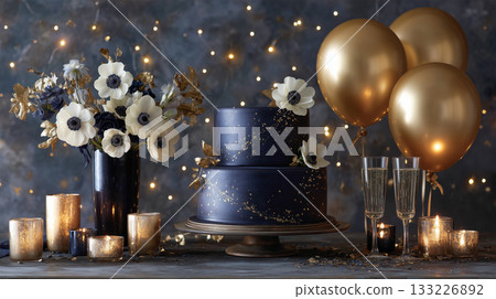 Navy and gold night view cake 133226892