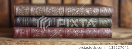Classic Literature Books Stacked on a Wooden Shelf Providing a Glimpse Into Literary History 133227041