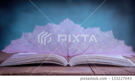 Open Book Showcasing Pressed Bodhi Leaf With Vintage Wooden Background 133227043