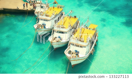 Boats Anchored in Clear Waters off Pulau Indonesia During a Sunny Day 133227113