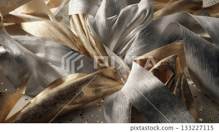 Beautiful Arrangement of Silver and Gold Ribbons on a Surface With Sparkles and Light Reflections Beautiful Arrangement of Silver and Gold Ribbons on a Surface With Sparkles and Light Reflections 133227115