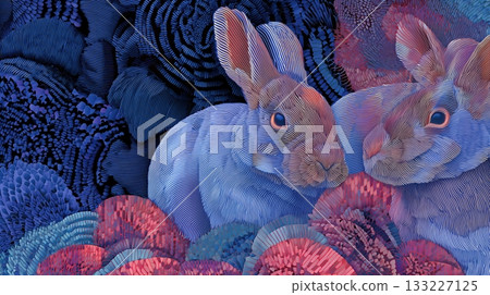 Colorful Rabbits Surrounded by Vibrant Patterns in a Surreal Scene 133227125