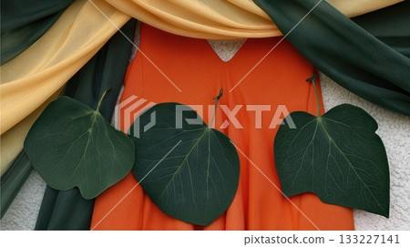 Minimal Shrine Corner With Bodhi Leaves and Soft Fabrics for Spiritual Reflection and Meditation 133227141