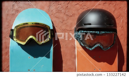 Snowboard Helmet and Goggles Arranged on Colorful Snowboard Against a Red Wall Snowboard Helmet and Goggles Arranged on Colorful Snowboard Against a Red Wall 133227142