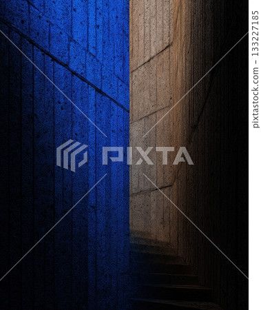 Architectural Lines Creating Shadows in a Dimly Lit Stairway With Blue and Warm Tones Architectural Lines Creating Shadows in a Dimly Lit Stairway With Blue and Warm Tones 133227185