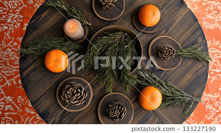 Yule Offerings of Oranges, Pinecones, and Greenery on a Wooden Table for Winter 133227190
