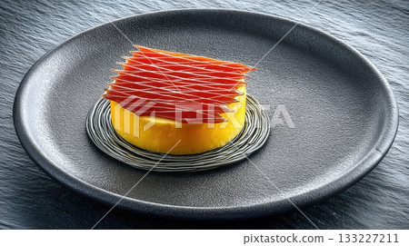 Blood Orange Tart on Black Ceramic Plate Served in Modern Dining Setting 133227211