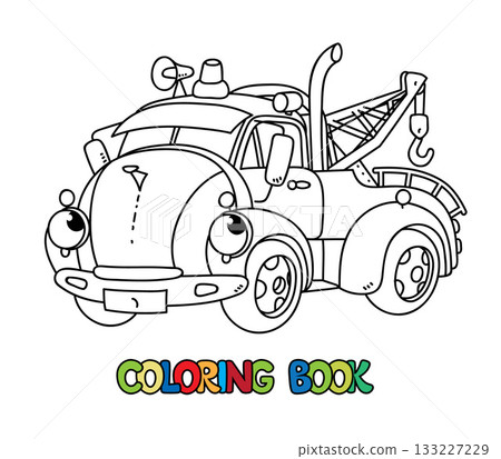 Funny retro tow truck with eyes. Coloring book Funny retro tow truck with eyes. Coloring book 133227229
