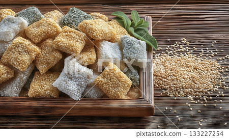 Traditional Makrout Arranged on Wooden Board With Sesame Seeds on the Side for a Delightful Treat Traditional Makrout Arranged on Wooden Board With Sesame Seeds on the Side for a Delightful Treat 133227254
