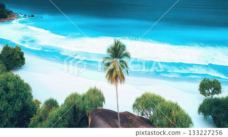 Overhead View of a Serene Sandy Beach on an Indonesian Island With Lush Greenery and Clear Water Overhead View of a Serene Sandy Beach on an Indonesian Island With Lush Greenery and Clear Water 133227256