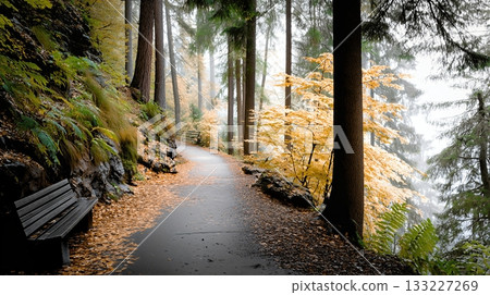 Autumn Forest Path Lined With Colorful Fallen Leaves and Towering Trees Autumn Forest Path Lined With Colorful Fallen Leaves and Towering Trees 133227269