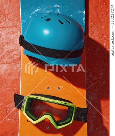 Snowboard Helmet and Goggles on a Colorful Snowboard Ready for an Adventure in Winter Sports 133227274
