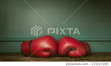 Two Red Boxing Gloves Sit on a Plain Gym Floor, Waiting for Their Next Training Session Two Red Boxing Gloves Sit on a Plain Gym Floor, Waiting for Their Next Training Session 133227284