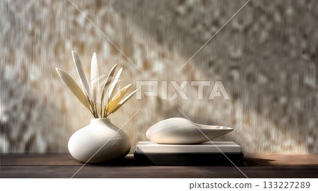 Minimalist Shrine Corner Featuring Bodhi Leaves Arranged With Soft, Smooth Fabric in Serene Setting 133227289