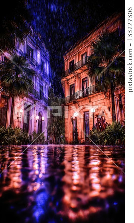 Tropical Storm Creates Vibrant Reflections on Wet Streets at Night in a Historic Urban Area Tropical Storm Creates Vibrant Reflections on Wet Streets at Night in a Historic Urban Area 133227306
