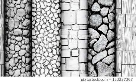 Various Stone Patterns in Black and White Highlight Unique Textures and Designs Various Stone Patterns in Black and White Highlight Unique Textures and Designs 133227307