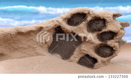 Close up of a Paw Print in Soft Sand on a Quiet Beach by the Water During Midday 133227308