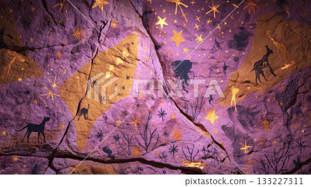 Primitive Maplike Drawings of Stars and Animals on Ancient Rock Walls in a Cave Primitive Maplike Drawings of Stars and Animals on Ancient Rock Walls in a Cave 133227311