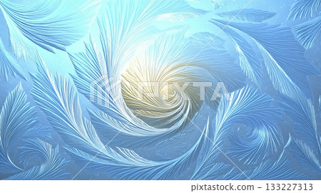 Frost Patterns Create Intricate Designs Resembling Ice Spirits on Glass in Winter Light 133227313