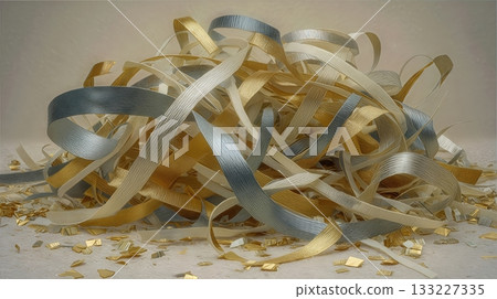 A Vibrant Display of Intertwined Silver and Gold Ribbons Creates an Elegant Still Life 133227335