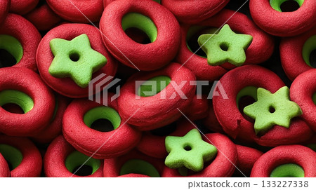 Christmas Tree and Star Shaped Donuts in Festive Red and Green Colors for Holiday Celebrations 133227338