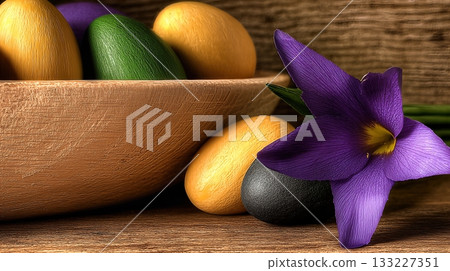 Colorful Easter Eggs and a Purple Flower on a Wooden Table Create a Festive Spring Atmosphere Colorful Easter Eggs and a Purple Flower on a Wooden Table Create a Festive Spring Atmosphere 133227351