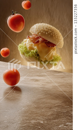 Burger With Fresh Lettuce, Cheese, Tomatoes, and Bacon Floating Above a Smooth Surface Burger With Fresh Lettuce, Cheese, Tomatoes, and Bacon Floating Above a Smooth Surface 133227356