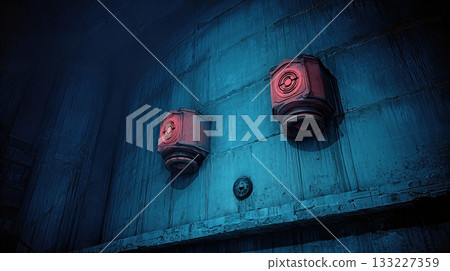 Desolate Industrial Complex Featuring Strange Glowing Objects Against Darkened Surroundings 133227359