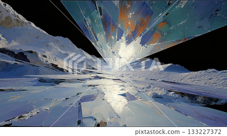 Crystalline Ice Formations Reflecting Light in a Dark Void Landscape at Twilight 133227372