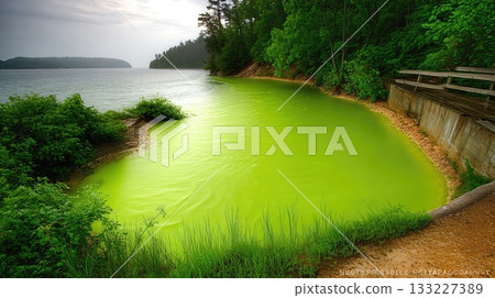 Toxic Algae Blooms Create Vivid Colors in a Serene Lakeside Setting During Cloudy Weather Toxic Algae Blooms Create Vivid Colors in a Serene Lakeside Setting During Cloudy Weather 133227389