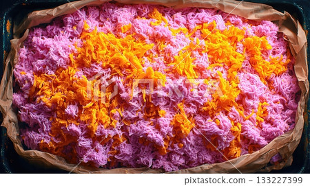 Brightly Colored Hashbrown Dish Prepared for a Festive Celebration in a Lively Kitchen 133227399