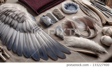 Mystical Artifacts Like Scales, Feathers, and Stones Arranged in a Nature-Inspired Setting 133227400