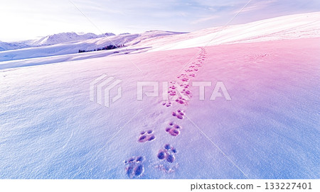 Footprints Lead Across a Vast Snowfield in a Serene Winter Landscape at Sunset 133227401