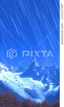 Stars Trail Across the Night Sky Over Stunning Mountain Range in Time Lapse Capture 133227407