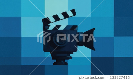 Movie Camera Clapperboard With Film Reel in a Blue-Toned Setting During a Production Scene 133227415