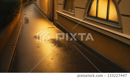 Quiet Alley in City Reflecting Soft Light During Evening Hours Quiet Alley in City Reflecting Soft Light During Evening Hours 133227447