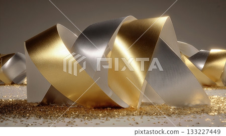 Beautiful Still Life of Silver and Gold Ribbons Intertwined on a Glittering Surface 133227449