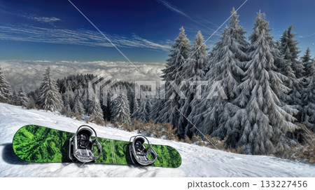 Scenic Winter Landscape With Snowboard Positioned by Pine Trees Overlooking Snowy Peaks Scenic Winter Landscape With Snowboard Positioned by Pine Trees Overlooking Snowy Peaks 133227456